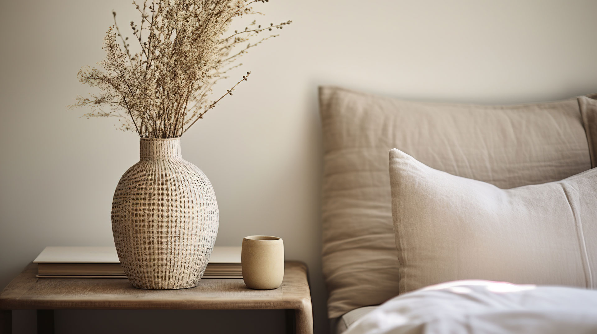 bed with pillows and bedside table with a vase on it